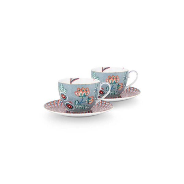 Pip Studio Flower Festival lichtblauw set 2 cappuccino kop en schotel 280ml - Afbeelding 2